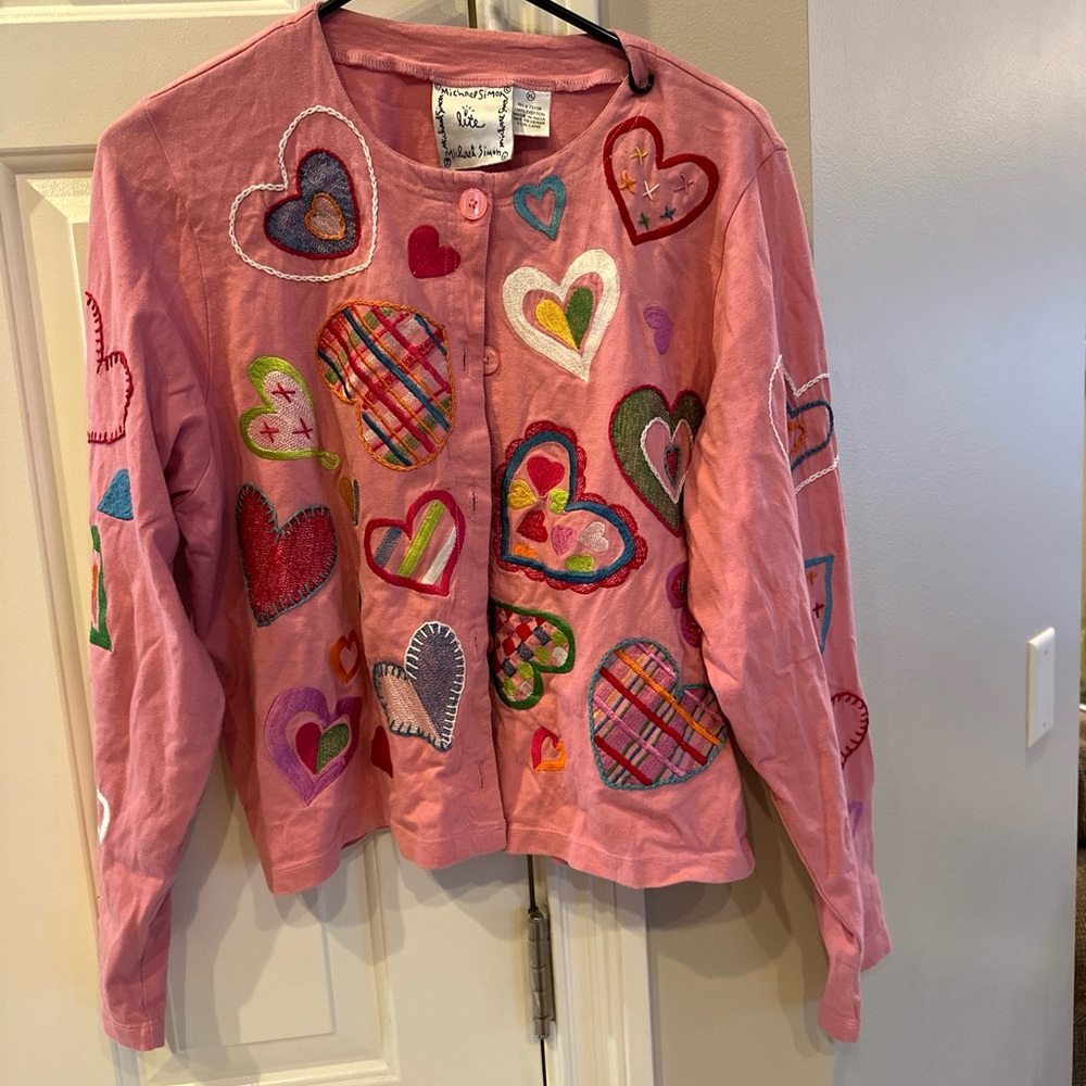 Michael Simon pink embroidered lite heart “valentine” cardigan top size Xl